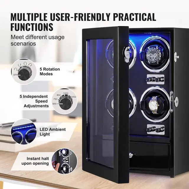 Alt view image 5 of 7 - Watch Winder, Watch Winder for 4 Men's and Women's Automatic Watches, with 4 Super Quiet Japanese Mabuchi Motors, Blue LED Light and Adapter, High-Density Board Shell and Black PU