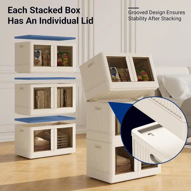 Alt view image 4 of 7 - 304 QT Stackable Storage Bins With Lids, Collapsible Plastic Storage Bins, Closet Organizers and Containers with Doors For Home and Built-in Wheels, 4 Pack Cubes, Milky White