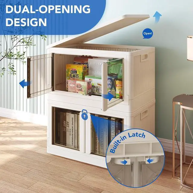 Alt view image 5 of 7 - 304 QT Stackable Storage Bins With Lids, Collapsible Plastic Storage Bins, Closet Organizers and Containers with Doors For Home and Built-in Wheels, 4 Pack Cubes, Milky White