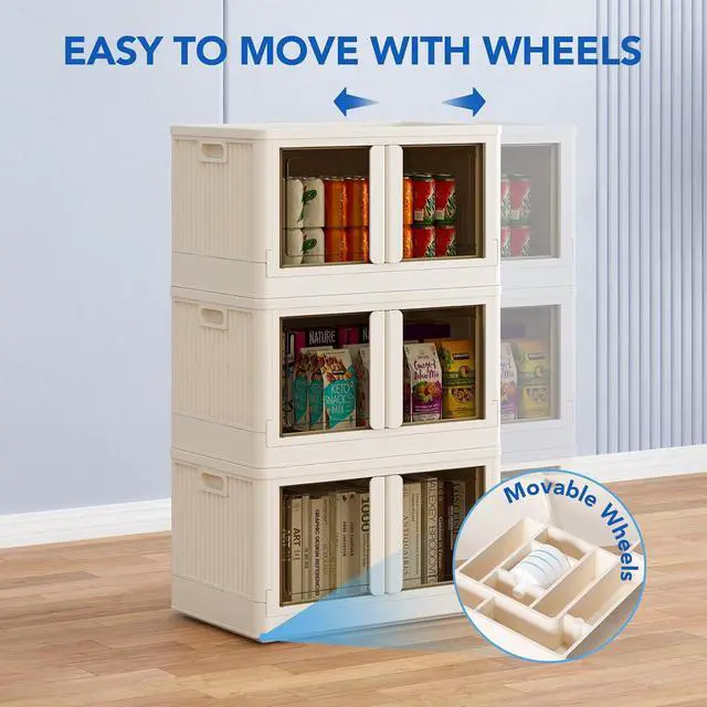 Alt view image 6 of 7 - 304 QT Stackable Storage Bins With Lids, Collapsible Plastic Storage Bins, Closet Organizers and Containers with Doors For Home and Built-in Wheels, 4 Pack Cubes, Milky White
