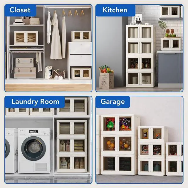 Alt view image 7 of 7 - 304 QT Stackable Storage Bins With Lids, Collapsible Plastic Storage Bins, Closet Organizers and Containers with Doors For Home and Built-in Wheels, 4 Pack Cubes, Milky White