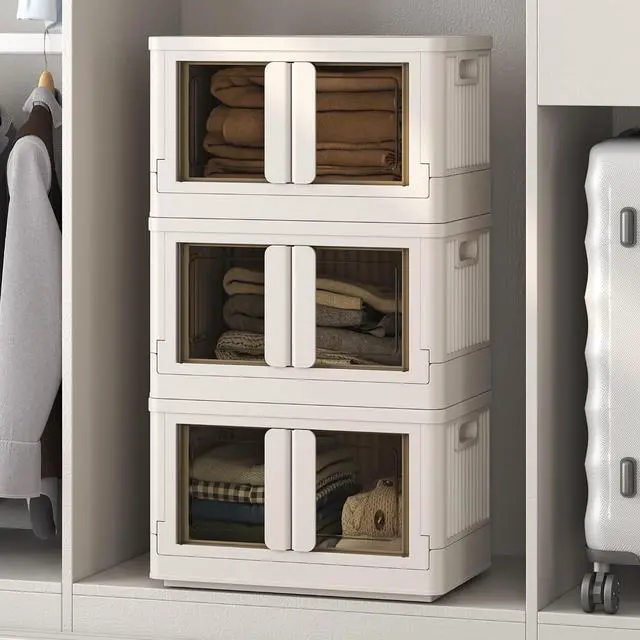 Main image of 110 QT Stackable Storage Bins With Lids, Collapsible Plastic Storage Bins With Doors and Built-in Wheels For Home Dorm Closet Organizers and Storage, 3 Pack Cubes, Milky White