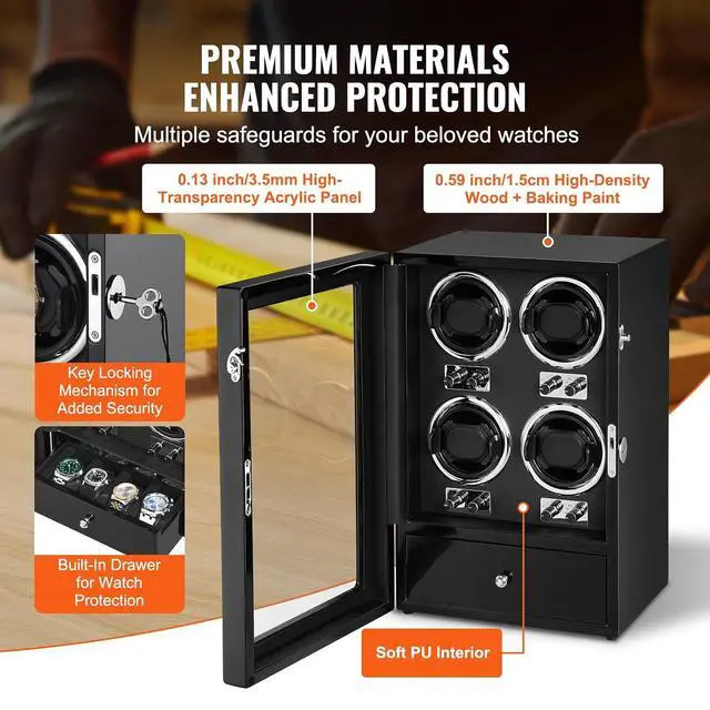 Alt view image 6 of 7 - Watch Winder, Watch Winder for 4 Men's and Women's Automatic Watches, with 4 Super Quiet Japanese Mabuchi Motors, Blue LED Light and Adapter, High-Density Board Shell and Black PU