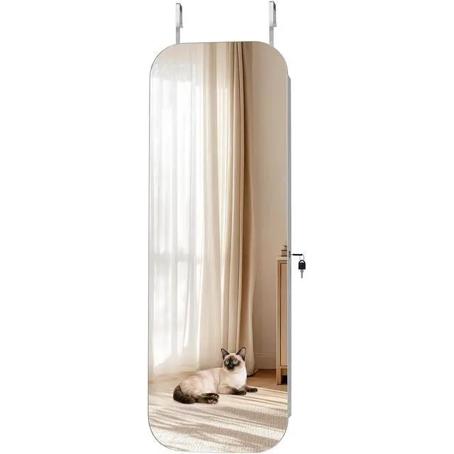 Main image of Mirror Jewelry Cabinet, 42.5-inch Tall, Full-Length Mirror with Storage, Wall Mount/Over the Door Jewelry Armoire Organizer, Rounded Design, Lockable with 2 Keys and a Travel Organizer, White