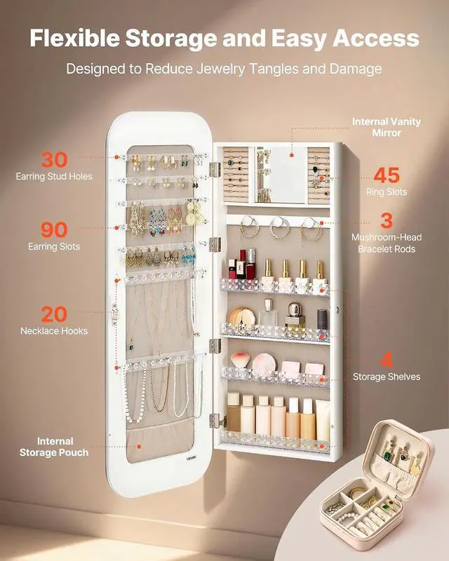 Alt view image 3 of 7 - Mirror Jewelry Cabinet, 42.5-inch Tall, Full-Length Mirror with Storage, Wall Mount/Over the Door Jewelry Armoire Organizer, Rounded Design, Lockable with 2 Keys and a Travel Organizer, White