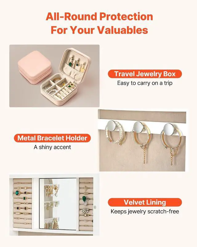 Alt view image 4 of 7 - Mirror Jewelry Cabinet, 42.5-inch Tall, Full-Length Mirror with Storage, Wall Mount/Over the Door Jewelry Armoire Organizer, Rounded Design, Lockable with 2 Keys and a Travel Organizer, White