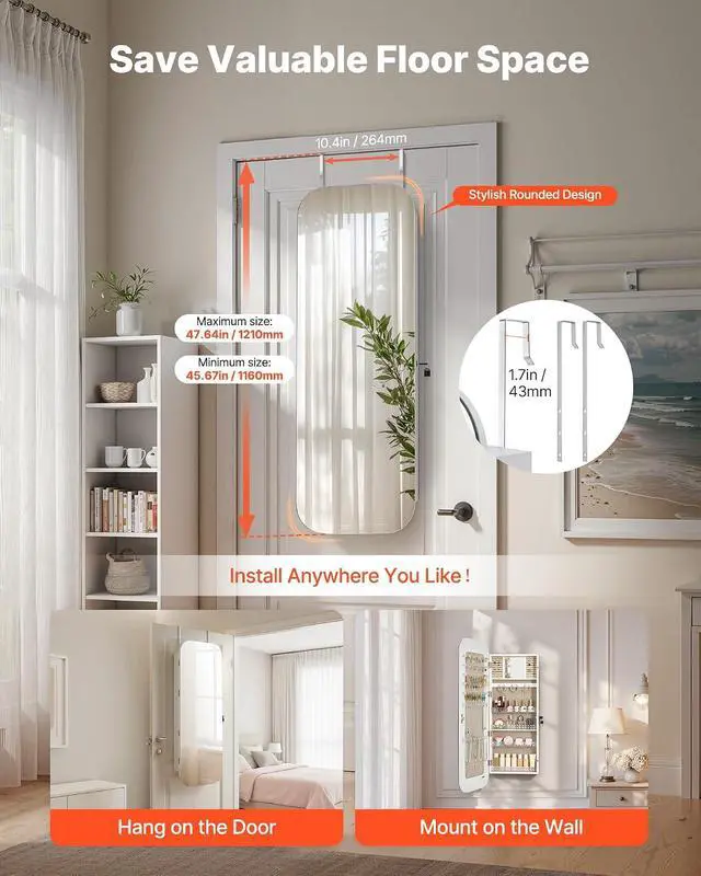 Alt view image 6 of 7 - Mirror Jewelry Cabinet, 42.5-inch Tall, Full-Length Mirror with Storage, Wall Mount/Over the Door Jewelry Armoire Organizer, Rounded Design, Lockable with 2 Keys and a Travel Organizer, White
