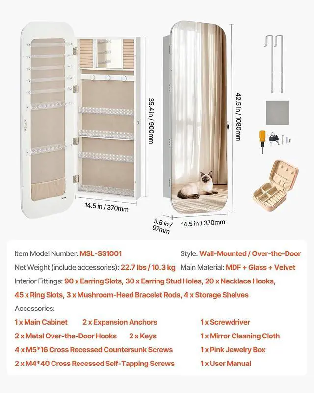 Alt view image 7 of 7 - Mirror Jewelry Cabinet, 42.5-inch Tall, Full-Length Mirror with Storage, Wall Mount/Over the Door Jewelry Armoire Organizer, Rounded Design, Lockable with 2 Keys and a Travel Organizer, White