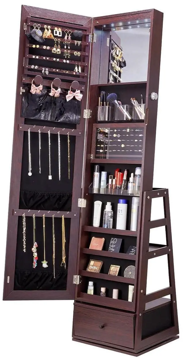Main image of 360° Swivel Jewelry Cabinet Armoire, 63-Inch Tall Lockable Jewelry Organizer with Full-Length Mirror, LED Light, Velvet Lining, Drawer, Freestanding, Brown