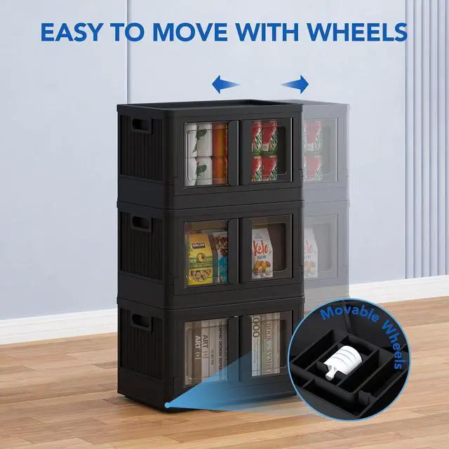 Alt view image 6 of 7 - 75 QT Stackable Storage Bins With Lids, Collapsible Plastic Storage Bins, Closet Organizers and Storage Containers with Doors and Built-in Wheels For Home, 2 Pack Cubes, Black