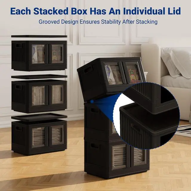 Alt view image 7 of 7 - 75 QT Stackable Storage Bins With Lids, Collapsible Plastic Storage Bins, Closet Organizers and Storage Containers with Doors and Built-in Wheels For Home, 2 Pack Cubes, Black
