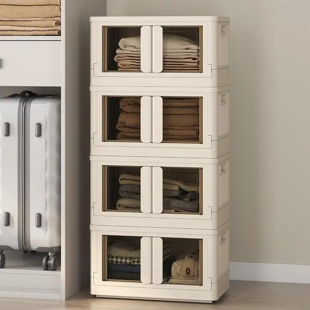 Main image of 150 QT Stackable Storage Bins With Lids, Collapsible Plastic Storage Bins, Closet Organizers and Storage Containers with Doors and Built-in Wheels For Home, 4 Pack Cubes, Milky White