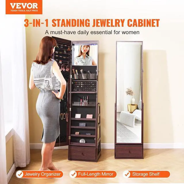 Alt view image 2 of 7 - 360° Swivel Jewelry Cabinet Armoire, 63-Inch Tall Lockable Jewelry Organizer with Full-Length Mirror, LED Light, Velvet Lining, Drawer, Freestanding, Brown