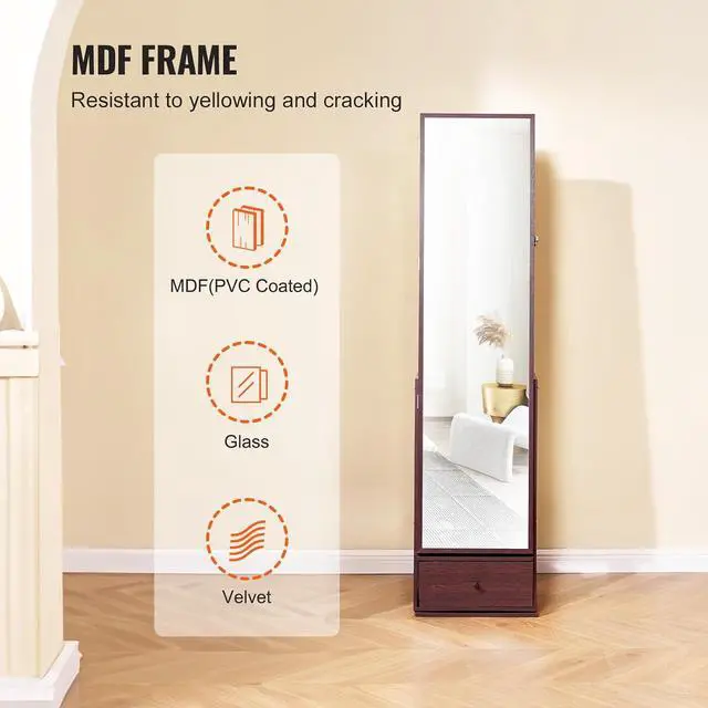 Alt view image 6 of 7 - 360° Swivel Jewelry Cabinet Armoire, 63-Inch Tall Lockable Jewelry Organizer with Full-Length Mirror, LED Light, Velvet Lining, Drawer, Freestanding, Brown