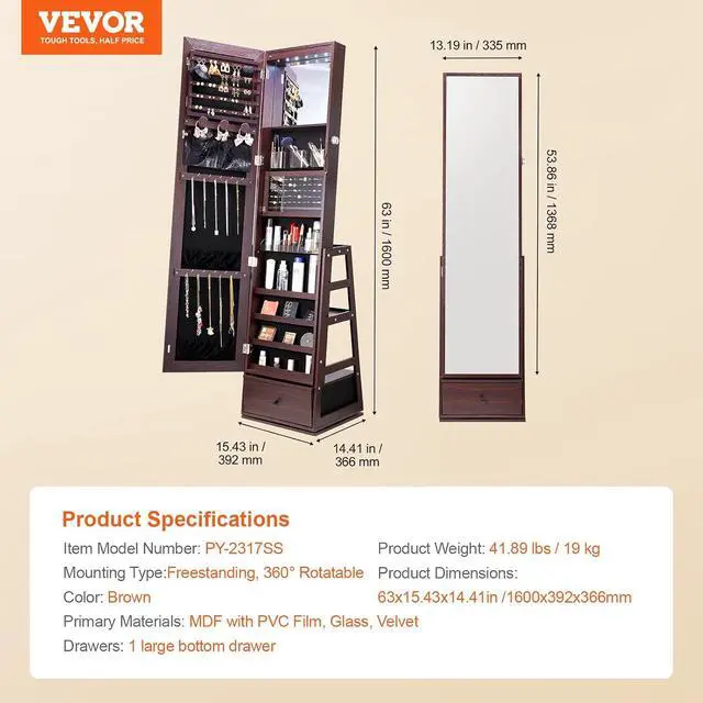 Alt view image 7 of 7 - 360° Swivel Jewelry Cabinet Armoire, 63-Inch Tall Lockable Jewelry Organizer with Full-Length Mirror, LED Light, Velvet Lining, Drawer, Freestanding, Brown