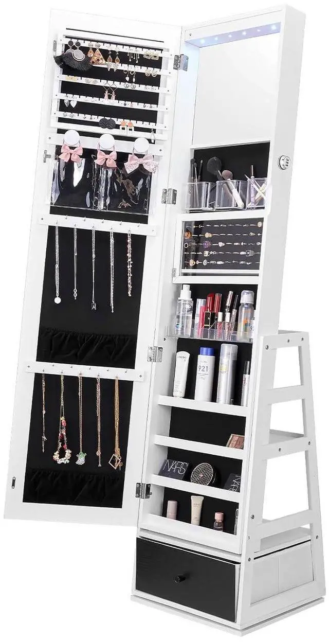 Main image of 360° Swivel Jewelry Cabinet Armoire, 63-Inch Tall Lockable Jewelry Organizer with Full-Length Mirror, LED Light, Velvet Lining, Drawer, Freestanding, White