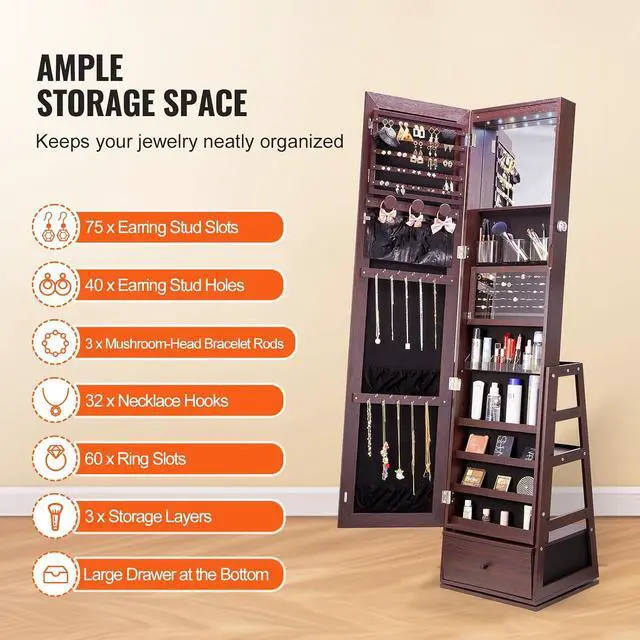 Alt view image 5 of 7 - 360° Swivel Jewelry Cabinet Armoire, 63-Inch Tall Lockable Jewelry Organizer with Full-Length Mirror, LED Light, Velvet Lining, Drawer, Freestanding, Brown