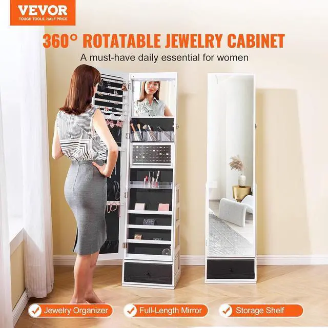 Alt view image 2 of 7 - 360° Swivel Jewelry Cabinet Armoire, 63-Inch Tall Lockable Jewelry Organizer with Full-Length Mirror, LED Light, Velvet Lining, Drawer, Freestanding, White