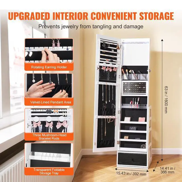 Alt view image 4 of 7 - 360° Swivel Jewelry Cabinet Armoire, 63-Inch Tall Lockable Jewelry Organizer with Full-Length Mirror, LED Light, Velvet Lining, Drawer, Freestanding, White