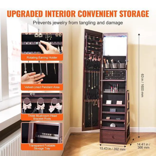 Alt view image 4 of 7 - 360° Swivel Jewelry Cabinet Armoire, 63-Inch Tall Lockable Jewelry Organizer with Full-Length Mirror, LED Light, Velvet Lining, Drawer, Freestanding, Brown