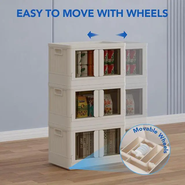 Alt view image 5 of 7 - 150 QT Stackable Storage Bins With Lids, Collapsible Plastic Storage Bins, Closet Organizers and Storage Containers with Doors and Built-in Wheels For Home, 4 Pack Cubes, Milky White