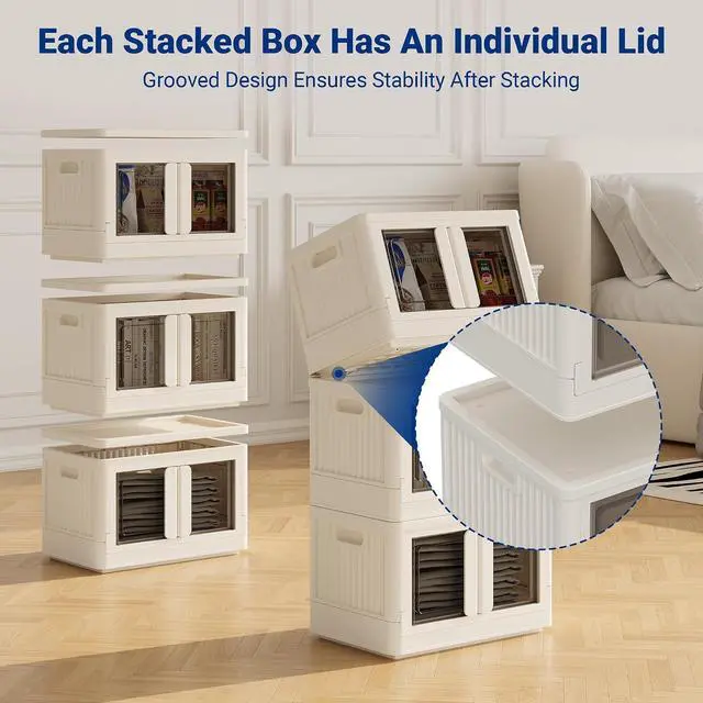 Alt view image 6 of 7 - 150 QT Stackable Storage Bins With Lids, Collapsible Plastic Storage Bins, Closet Organizers and Storage Containers with Doors and Built-in Wheels For Home, 4 Pack Cubes, Milky White
