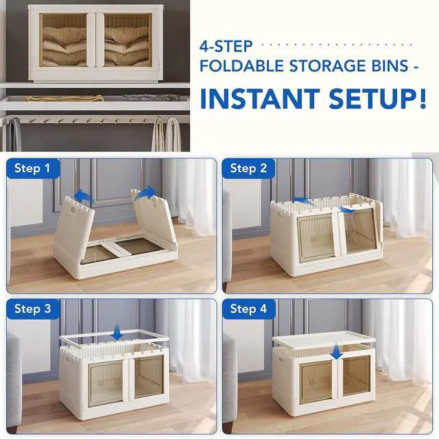Alt view image 7 of 7 - 150 QT Stackable Storage Bins With Lids, Collapsible Plastic Storage Bins, Closet Organizers and Storage Containers with Doors and Built-in Wheels For Home, 4 Pack Cubes, Milky White