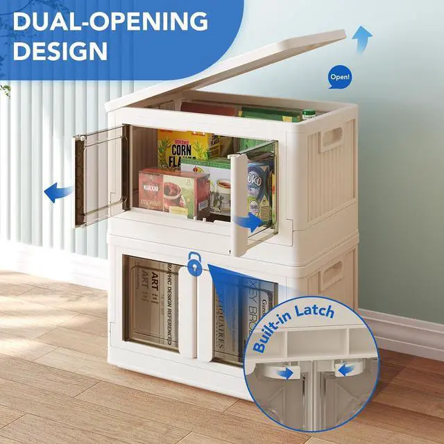 Alt view image 3 of 7 - 150 QT Stackable Storage Bins With Lids, Collapsible Plastic Storage Bins, Closet Organizers and Storage Containers with Doors and Built-in Wheels For Home, 4 Pack Cubes, Milky White