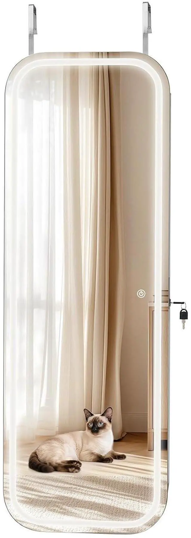 Main image of LED Mirror Jewelry Cabinet, 42.5-inch Tall, Full-Length Mirror with Storage, Wall Mount/Over the Door Jewelry Armoire Organizer with Lights, Rounded Design, Lockable Door with 2 Keys, White