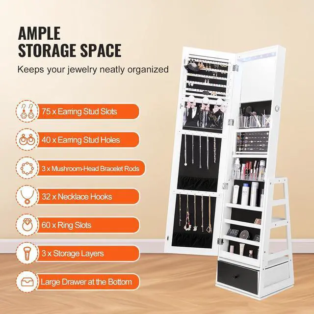 Alt view image 5 of 7 - 360° Swivel Jewelry Cabinet Armoire, 63-Inch Tall Lockable Jewelry Organizer with Full-Length Mirror, LED Light, Velvet Lining, Drawer, Freestanding, White