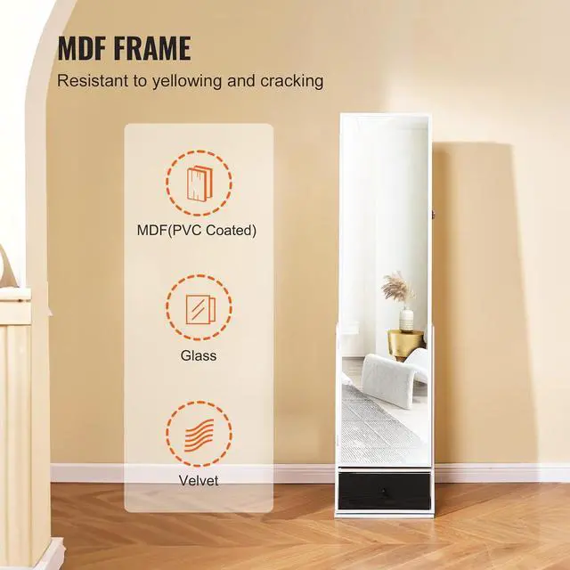 Alt view image 6 of 7 - 360° Swivel Jewelry Cabinet Armoire, 63-Inch Tall Lockable Jewelry Organizer with Full-Length Mirror, LED Light, Velvet Lining, Drawer, Freestanding, White