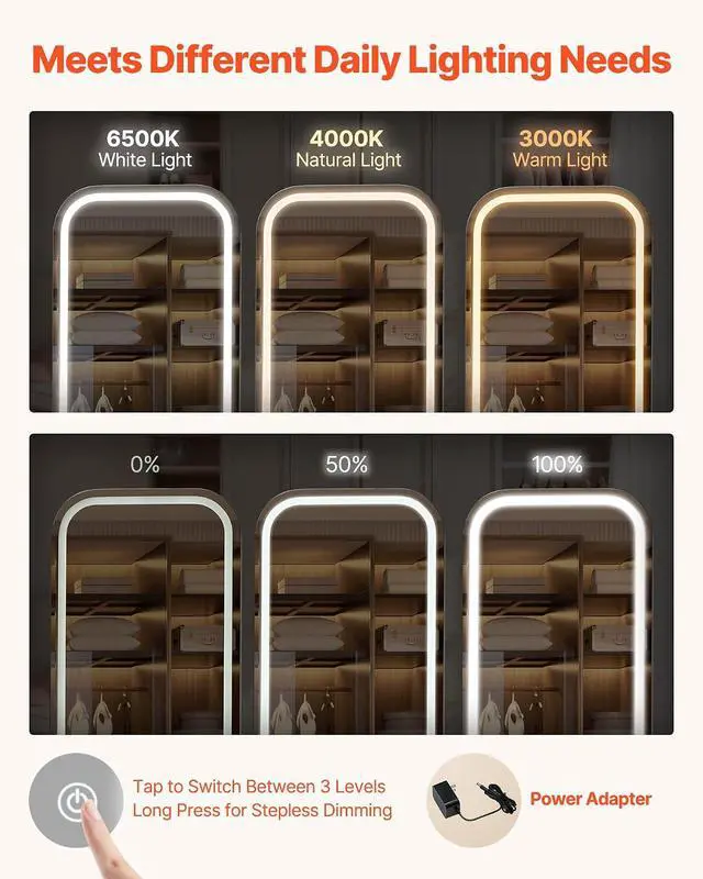 Alt view image 3 of 7 - LED Mirror Jewelry Cabinet, 42.5-inch Tall, Full-Length Mirror with Storage, Wall Mount/Over the Door Jewelry Armoire Organizer with Lights, Rounded Design, Lockable Door with 2 Keys, White