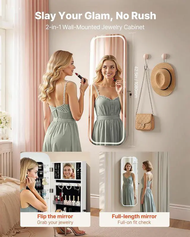 Alt view image 2 of 7 - LED Mirror Jewelry Cabinet, 42.5-inch Tall, Full-Length Mirror with Storage, Wall Mount/Over the Door Jewelry Armoire Organizer with Lights, Rounded Design, Lockable Door with 2 Keys, White