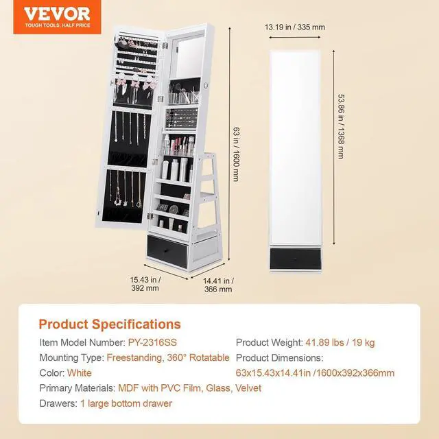 Alt view image 7 of 7 - 360° Swivel Jewelry Cabinet Armoire, 63-Inch Tall Lockable Jewelry Organizer with Full-Length Mirror, LED Light, Velvet Lining, Drawer, Freestanding, White
