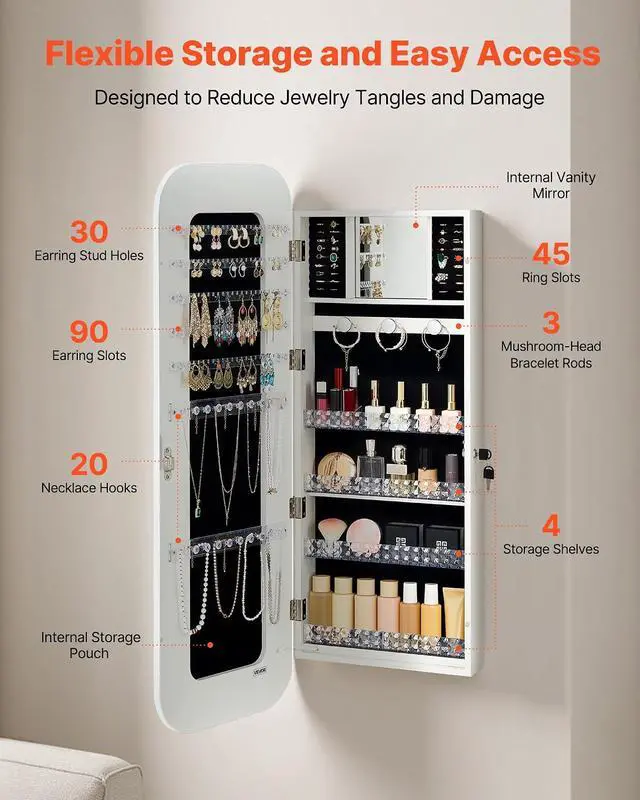 Alt view image 4 of 7 - LED Mirror Jewelry Cabinet, 42.5-inch Tall, Full-Length Mirror with Storage, Wall Mount/Over the Door Jewelry Armoire Organizer with Lights, Rounded Design, Lockable Door with 2 Keys, White