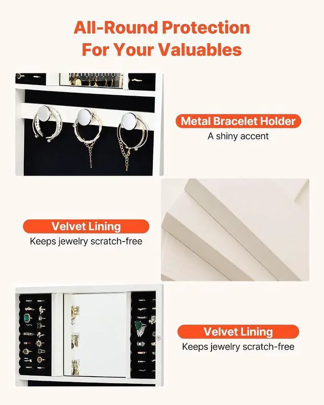 Alt view image 5 of 7 - LED Mirror Jewelry Cabinet, 42.5-inch Tall, Full-Length Mirror with Storage, Wall Mount/Over the Door Jewelry Armoire Organizer with Lights, Rounded Design, Lockable Door with 2 Keys, White