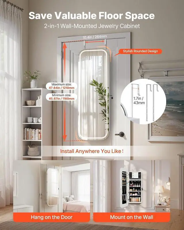 Alt view image 6 of 7 - LED Mirror Jewelry Cabinet, 42.5-inch Tall, Full-Length Mirror with Storage, Wall Mount/Over the Door Jewelry Armoire Organizer with Lights, Rounded Design, Lockable Door with 2 Keys, White