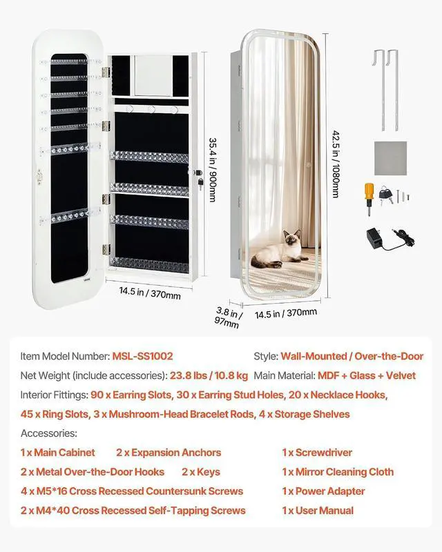 Alt view image 7 of 7 - LED Mirror Jewelry Cabinet, 42.5-inch Tall, Full-Length Mirror with Storage, Wall Mount/Over the Door Jewelry Armoire Organizer with Lights, Rounded Design, Lockable Door with 2 Keys, White
