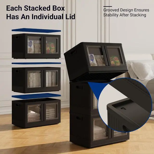 Alt view image 5 of 7 - 228 QT Stackable Storage Bins With Lids, Collapsible Plastic Storage Bins With Doors and Built-in Wheels For Home Dorm Closet Organizers and Storage, 3 Pack Cubes, Black