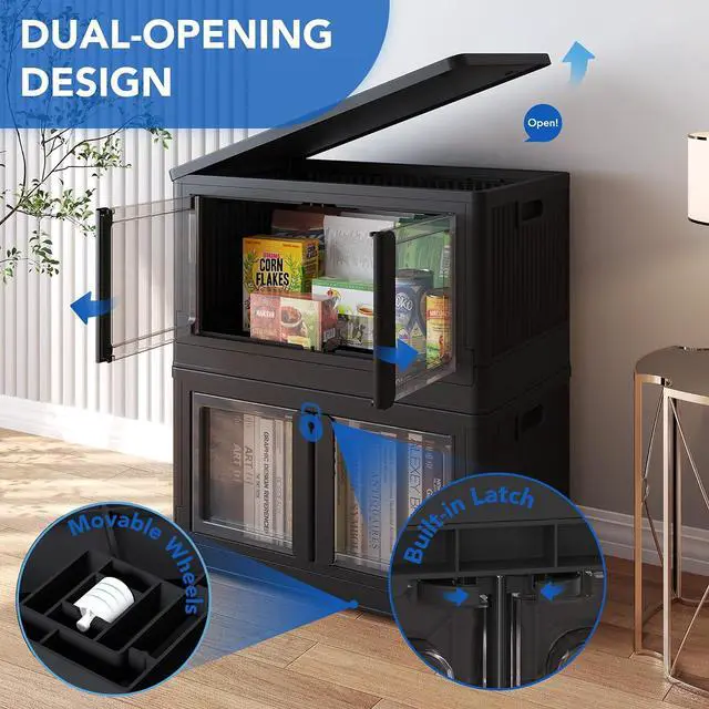Alt view image 6 of 7 - 228 QT Stackable Storage Bins With Lids, Collapsible Plastic Storage Bins With Doors and Built-in Wheels For Home Dorm Closet Organizers and Storage, 3 Pack Cubes, Black