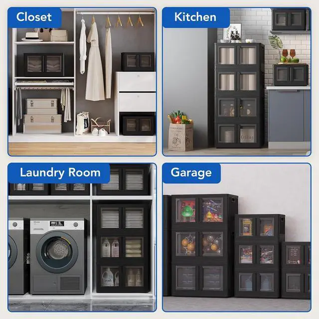 Alt view image 7 of 7 - 152 QT Stackable Storage Bins With Lids, Collapsible Plastic Storage Bins, Closet Organizers and Containers with Doors and Built-in Wheels For Home, 2 Pack Cubes, Milky White
