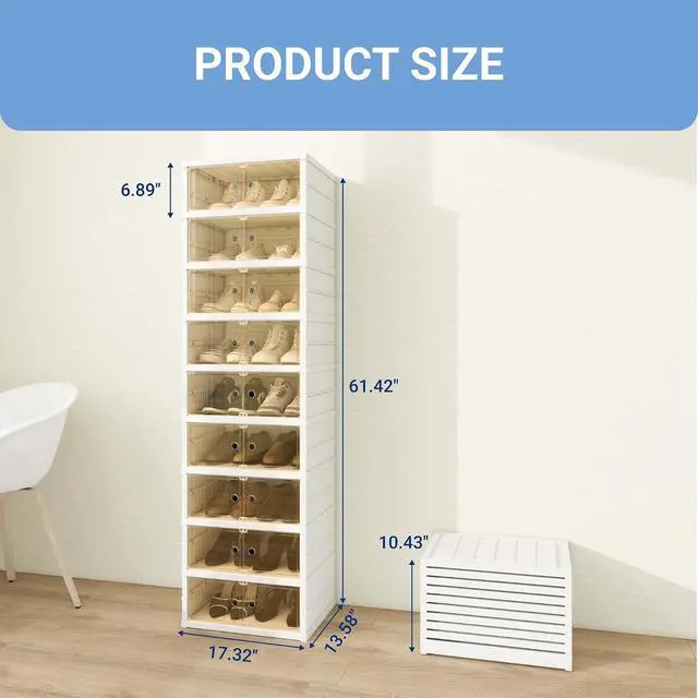 Alt view image 2 of 7 - Shoe Rack Organizer Storage Box 9 Tiers-18 Pairs, Portable Folding Shoe Rack for Closet Entryway, Collapsible Shoe Cabinet with Magnetic Clear Door for Front Door Entrance