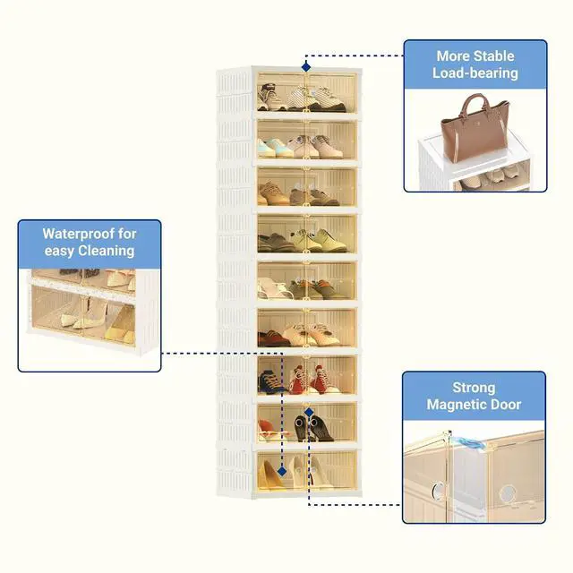 Alt view image 5 of 7 - Shoe Rack Organizer Storage Box 9 Tiers-18 Pairs, Portable Folding Shoe Rack for Closet Entryway, Collapsible Shoe Cabinet with Magnetic Clear Door for Front Door Entrance