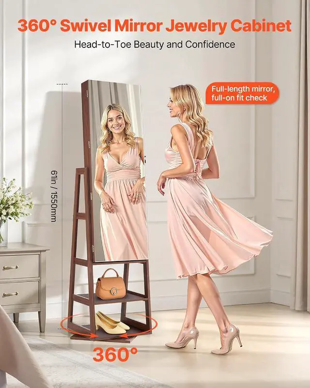 Alt view image 2 of 7 - 360° Swivel Jewelry Cabinet, 61-inch Tall, Full-Length Mirror with Storage, Standing Rotatable Jewelry Armoire Organizer, Lockable Door with 2 Keys, Accessory Pouches, and Storage Shelves