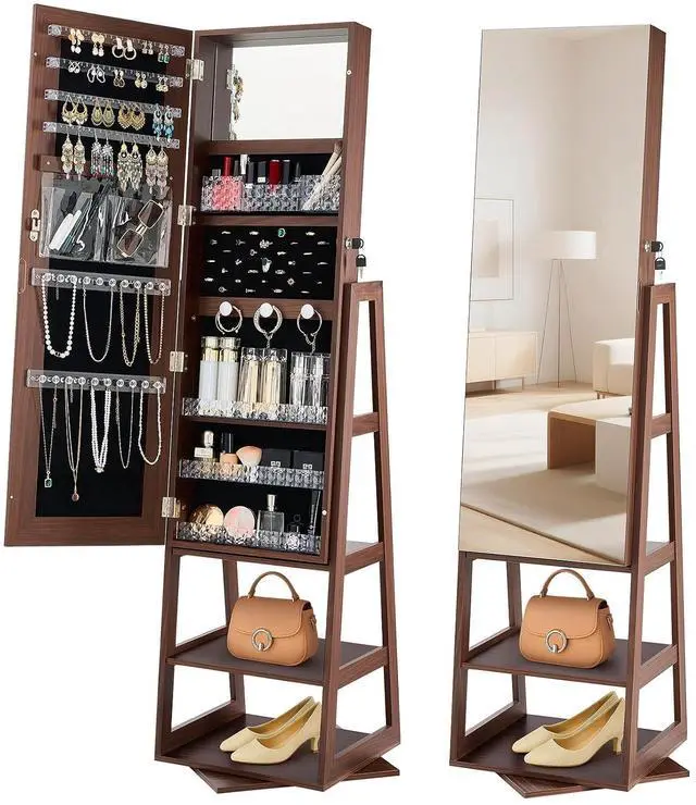 Main image of 360° Swivel Jewelry Cabinet, 61-inch Tall, Full-Length Mirror with Storage, Standing Rotatable Jewelry Armoire Organizer, Lockable Door with 2 Keys, Accessory Pouches, and Storage Shelves