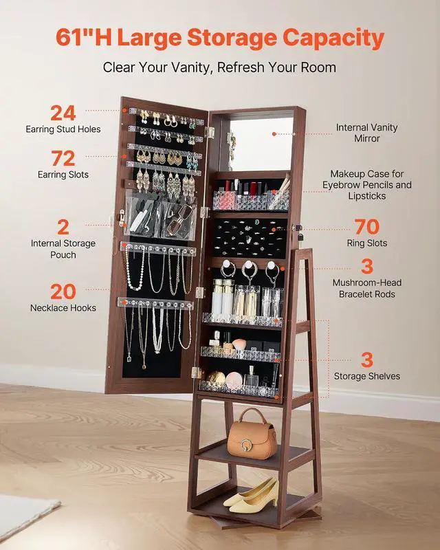 Alt view image 3 of 7 - 360° Swivel Jewelry Cabinet, 61-inch Tall, Full-Length Mirror with Storage, Standing Rotatable Jewelry Armoire Organizer, Lockable Door with 2 Keys, Accessory Pouches, and Storage Shelves