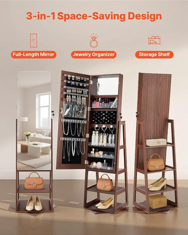 Alt view image 5 of 7 - 360° Swivel Jewelry Cabinet, 61-inch Tall, Full-Length Mirror with Storage, Standing Rotatable Jewelry Armoire Organizer, Lockable Door with 2 Keys, Accessory Pouches, and Storage Shelves