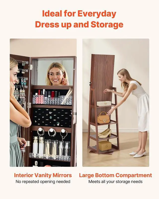 Alt view image 6 of 7 - 360° Swivel Jewelry Cabinet, 61-inch Tall, Full-Length Mirror with Storage, Standing Rotatable Jewelry Armoire Organizer, Lockable Door with 2 Keys, Accessory Pouches, and Storage Shelves
