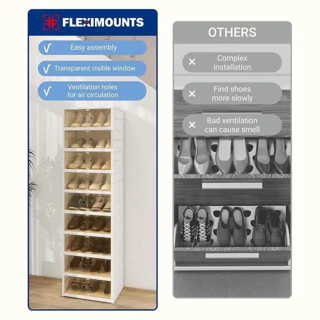 Alt view image 7 of 7 - Shoe Rack Organizer Storage Box 9 Tiers-18 Pairs, Portable Folding Shoe Rack for Closet Entryway, Collapsible Shoe Cabinet with Magnetic Clear Door for Front Door Entrance