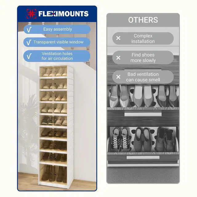 Alt view image 4 of 7 - Shoe Rack Organizer Storage Box 9 Tiers-18 Pairs, Tall Portable Folding Shoe Rack for Closet Entryway, Collapsible Shoe Cabinet with Magnetic Clear Door for Front Door Entrance